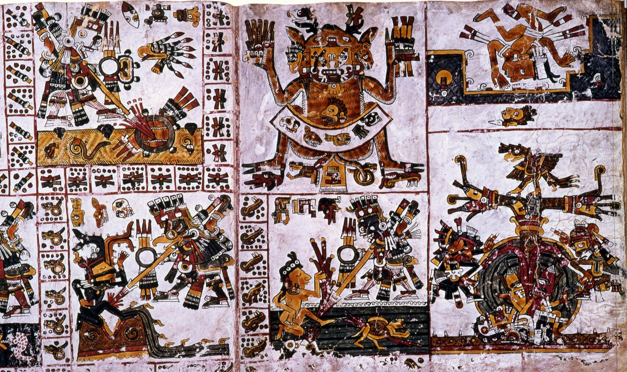 Detalje fra en faksimile Kopi af en side i Codex Borgia, der viser angrebene fra Tlauizcalpantecuhtli, guden Venus af Unknown
