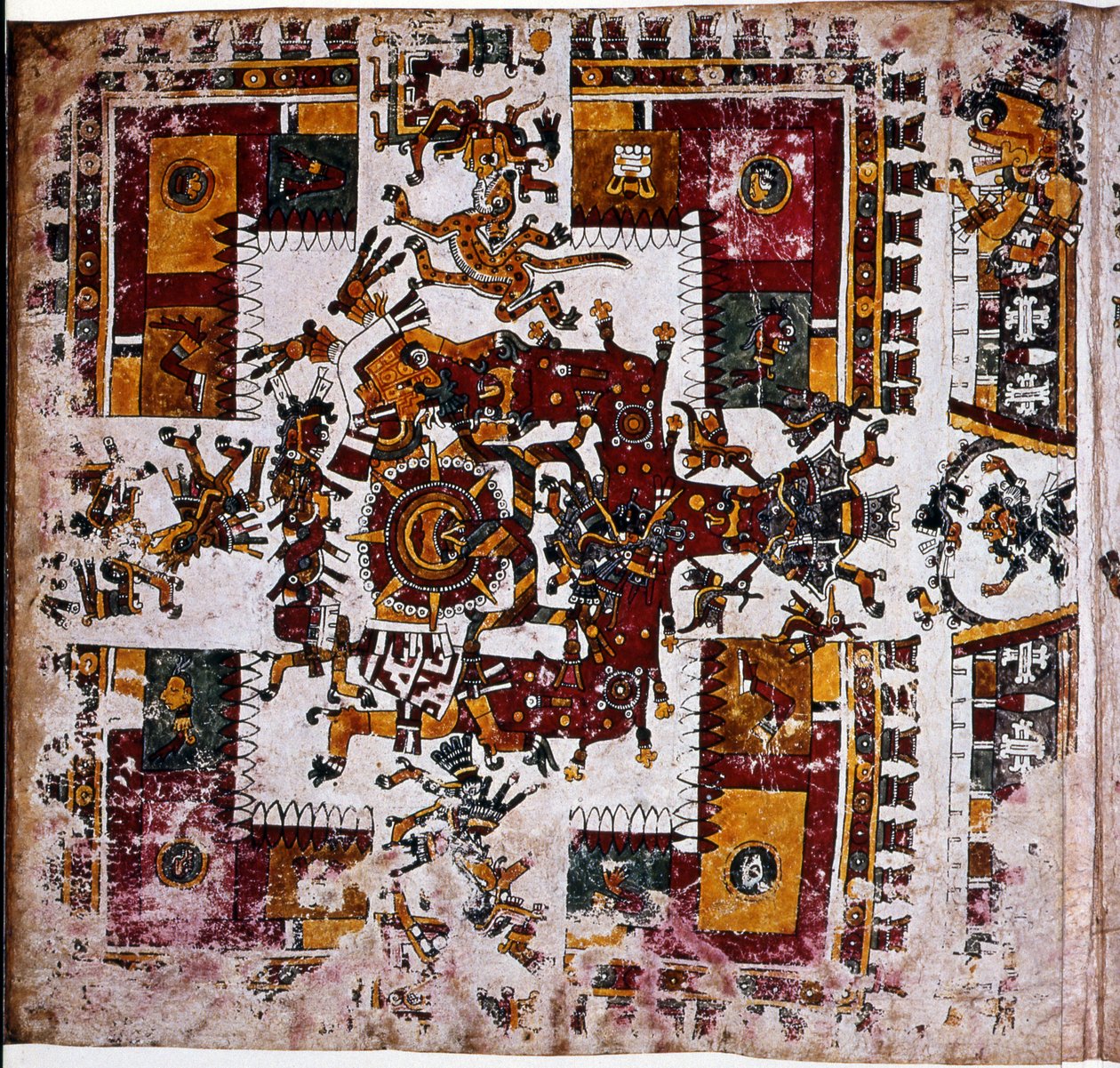 Detalje fra en faksimile Kopi af en side i Codex Borgia, der viser Ciuacoatl, der beordrer ritualet med at gennembore næsen på de indtrædende herrer af Unknown
