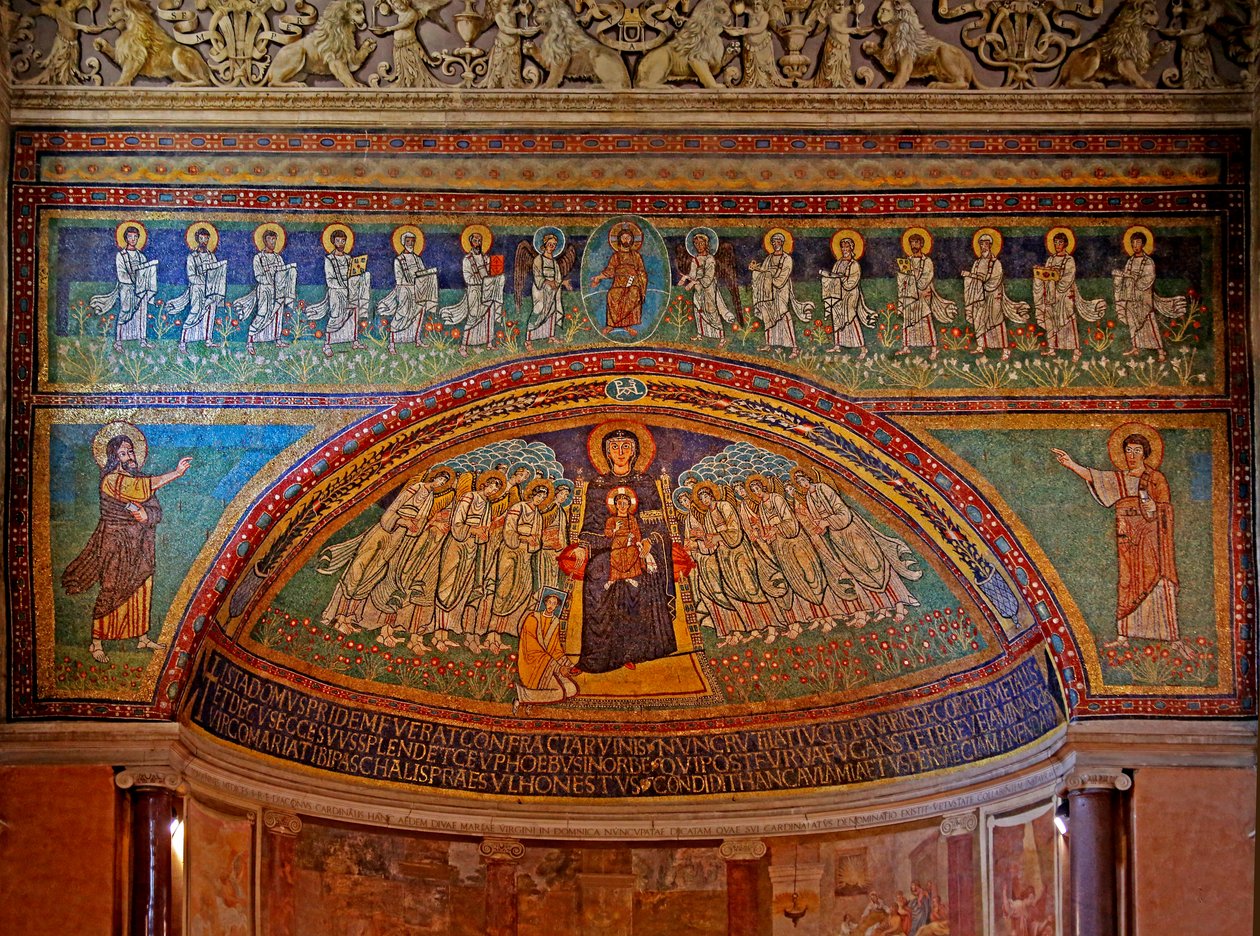 Østende og apsis: Kristus og 12 apostle, Moses og Elias nedenfor: i apsis er Jomfruen & Barnet med donor (pave Paschal) og engle af Unknown