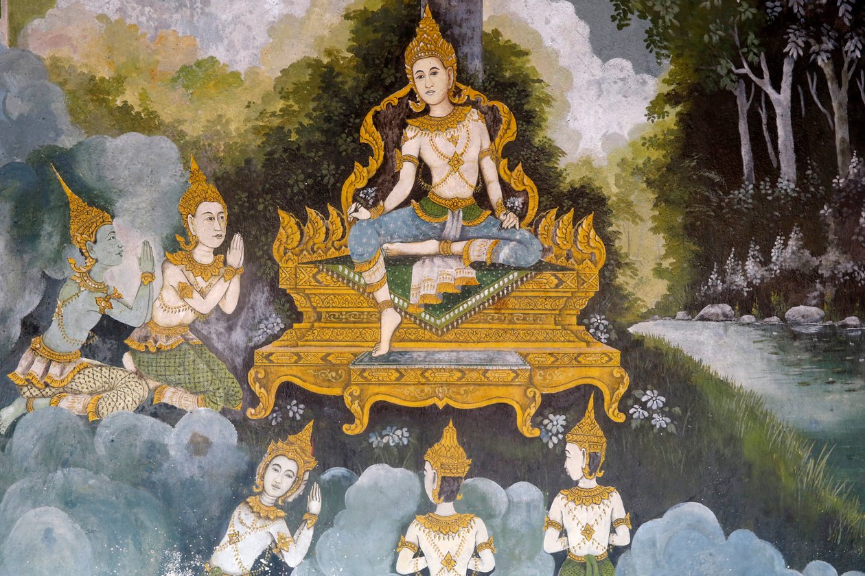 Fresko, der viser en scene fra Buddhas liv i Wat Phra Doi Suthep, Chiang Mai. Thailand af Unknown