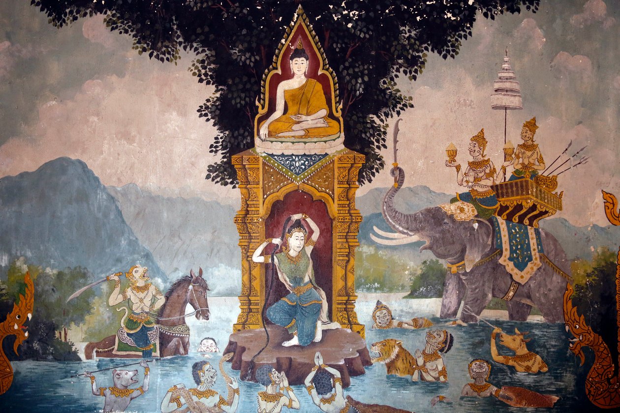 Fresko, der viser en scene fra Buddhas liv i Wat Phra Doi Suthep, Chiang Mai. Phra Mae Thorani vrider sit lange hår, og strømme af vand skaber en oversvømmelse. Thailand af Unknown