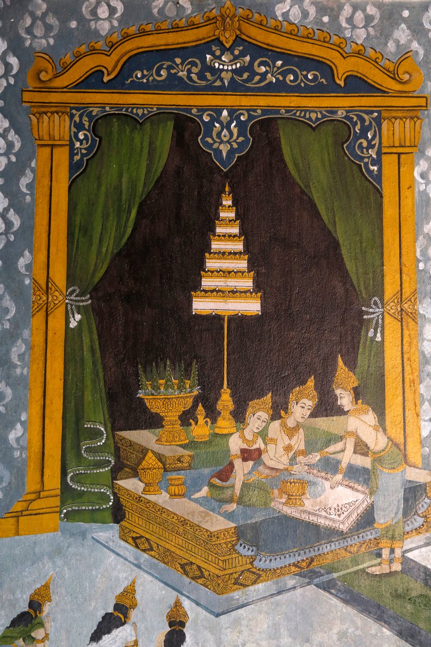 Fresko, der viser en scene fra Buddhas liv i Wat Phra Doi Suthep, Chiang Mai. Ung Buddha som prins. Thailand af Unknown