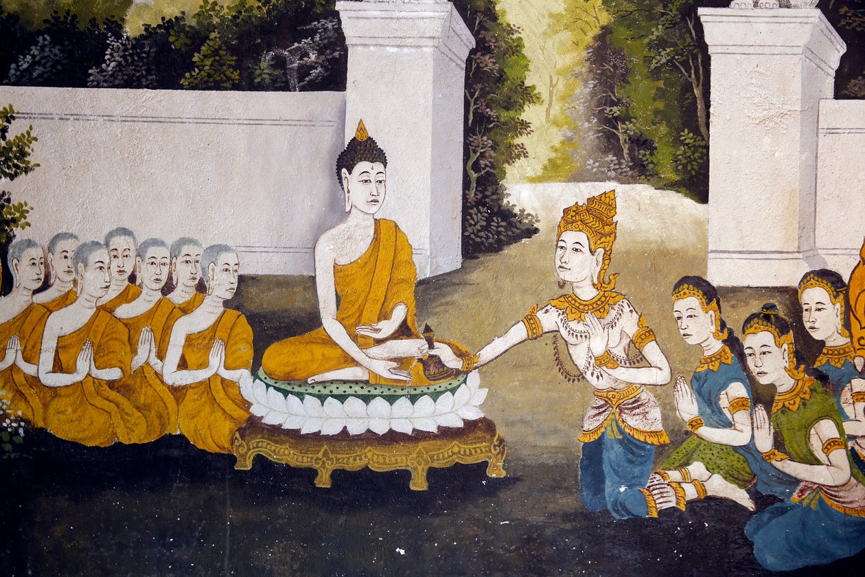 Fresko, der viser en scene fra Buddhas liv i Wat Phra Doi Suthep, Chiang Mai. Buddha modtager almisse. Thailand af Unknown