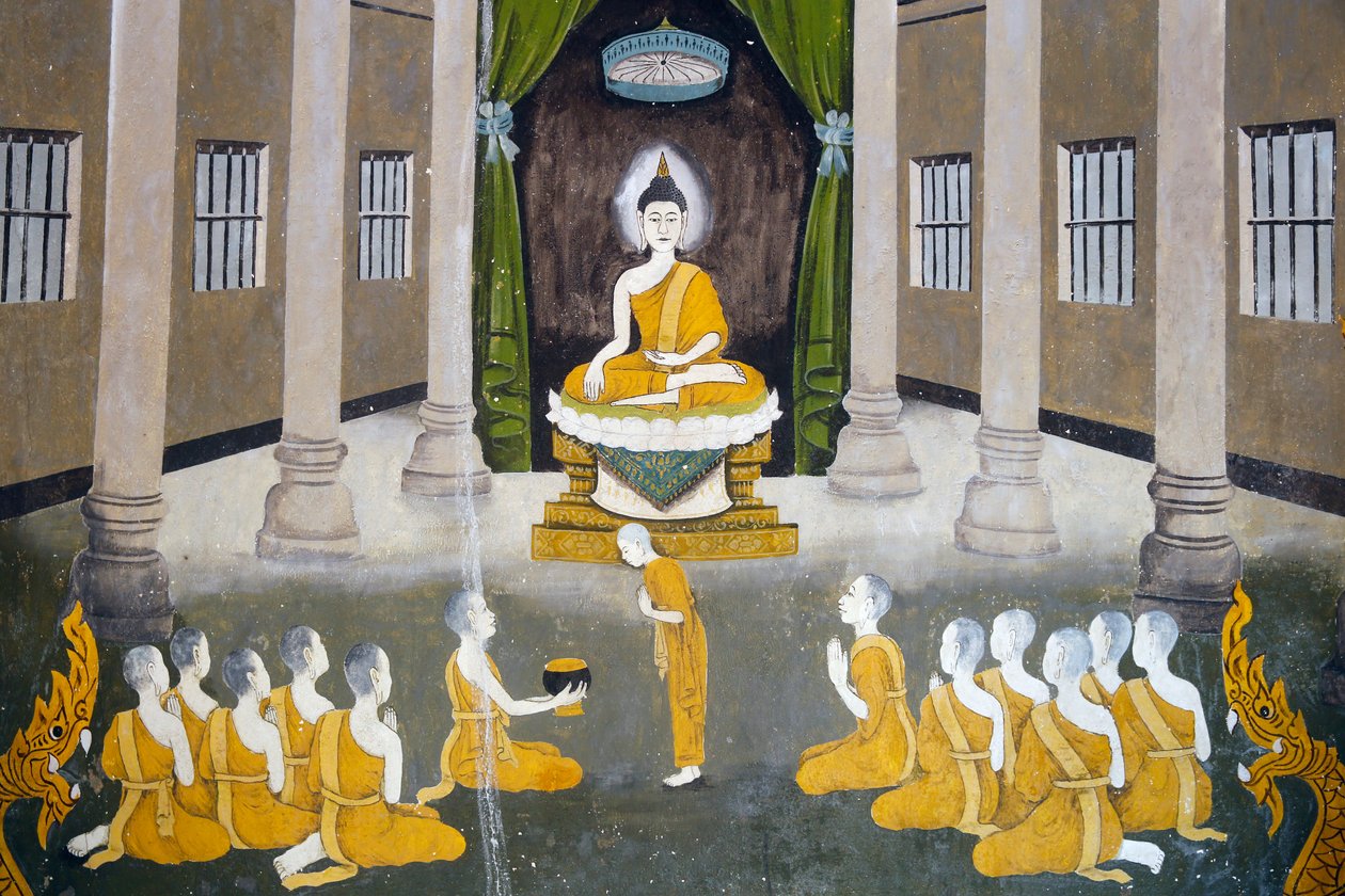 Fresko, der viser en scene fra Buddhas liv i Wat Phra Doi Suthep, Chiang Mai. Buddha med sin sangha. rThailand af Unknown
