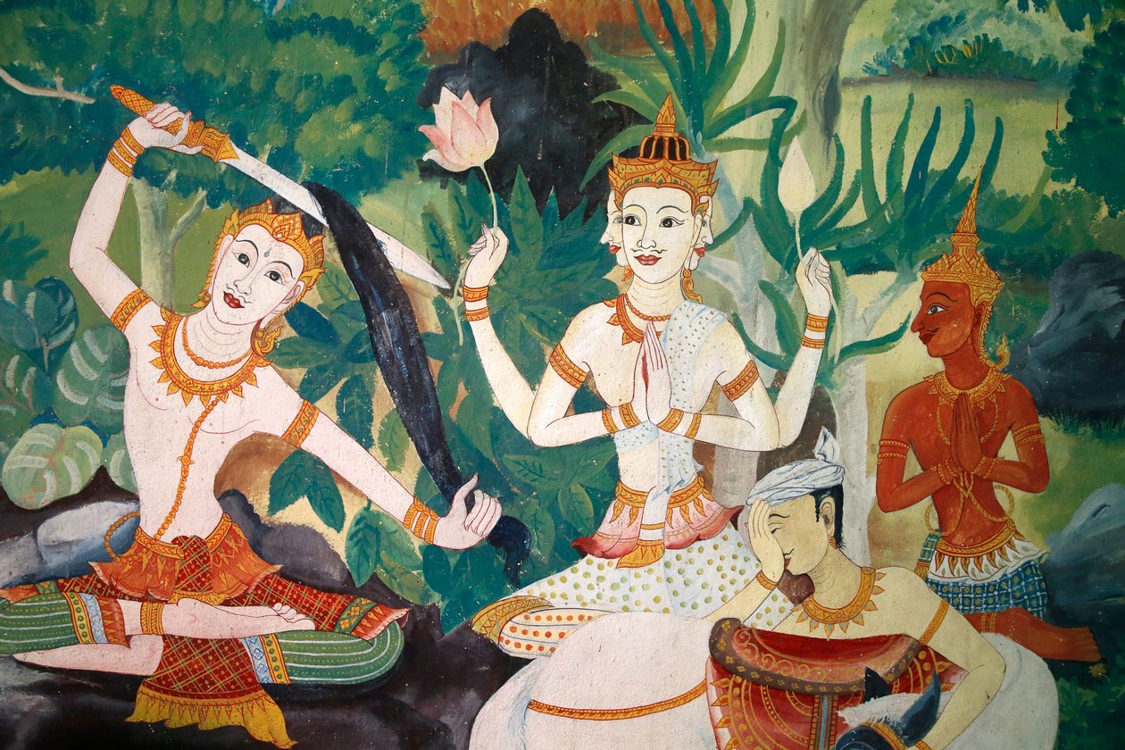 Fresco i Wat Ampharam, Hua Hin, Thailand. Buddha klipper sit hår og giver afkald på sit tidligere liv. af Unknown