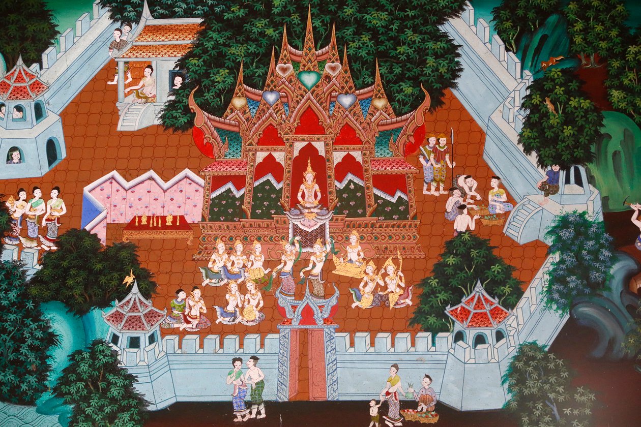 Fresco i Butt Epharam, Hua Hin, Thailand. Temia Jatka, også kaldet Muga-Paksha Jatka, Lives of One of T Buddhas Forum. af Unknown