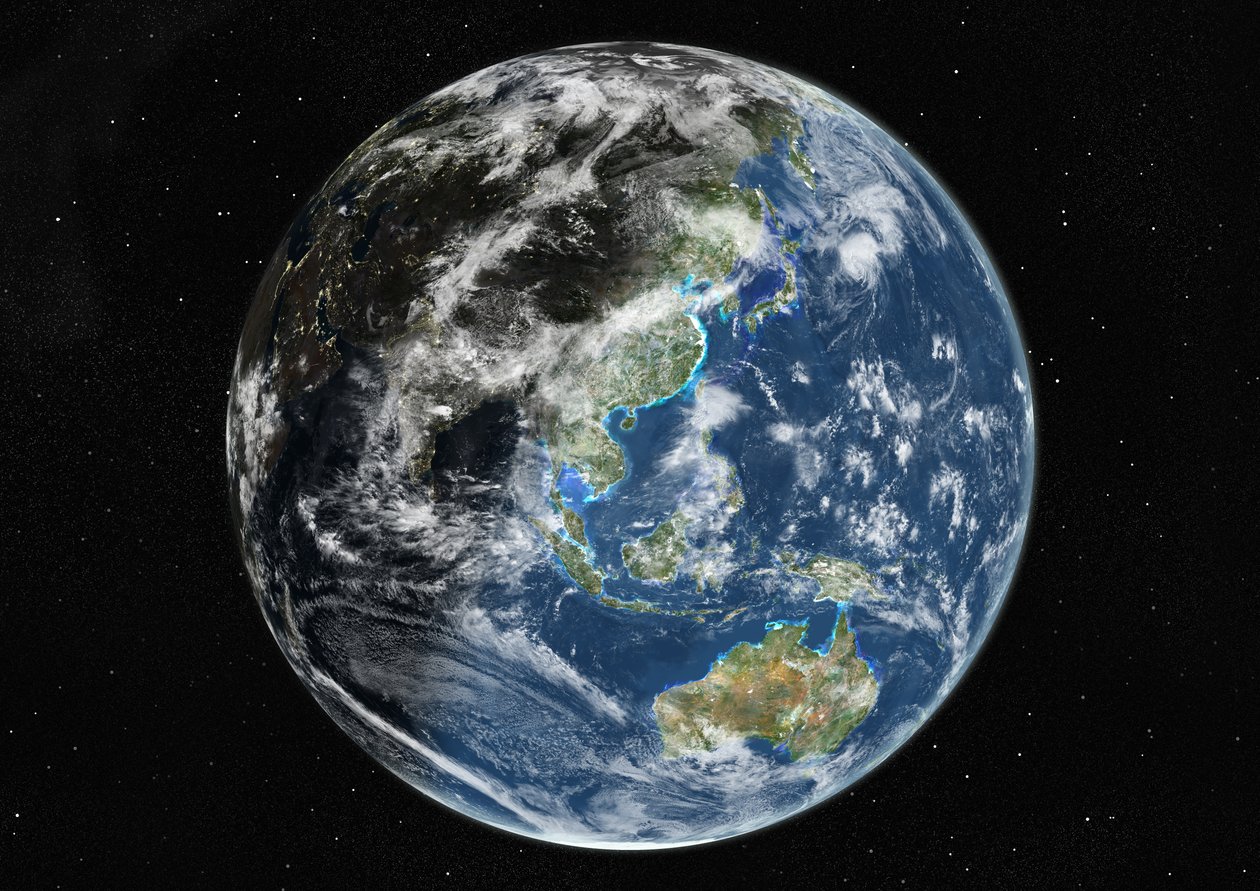 Globus centreret om Asien og Oceanien, ægte farvesatellitbillede af Unknown