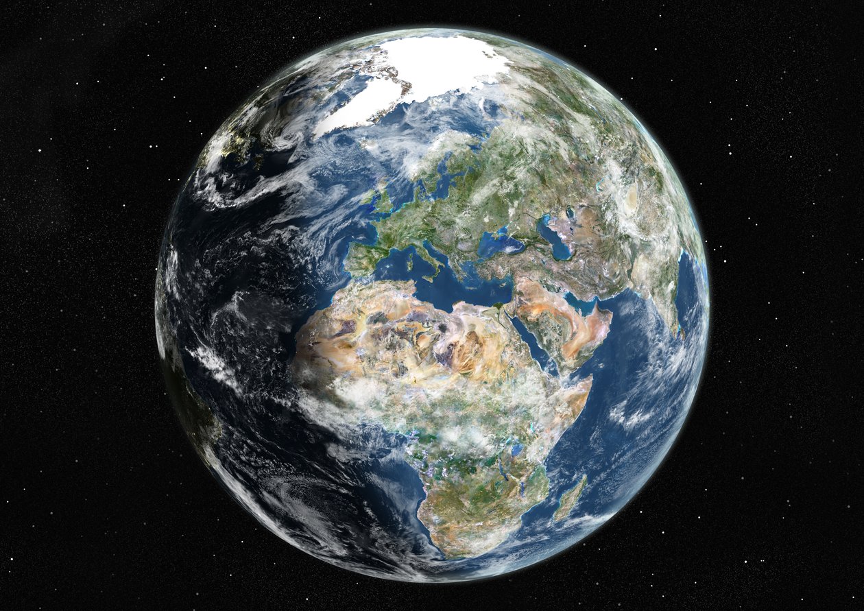 Globus centreret om Europa og Afrika, ægte farvesatellitbillede af Unknown