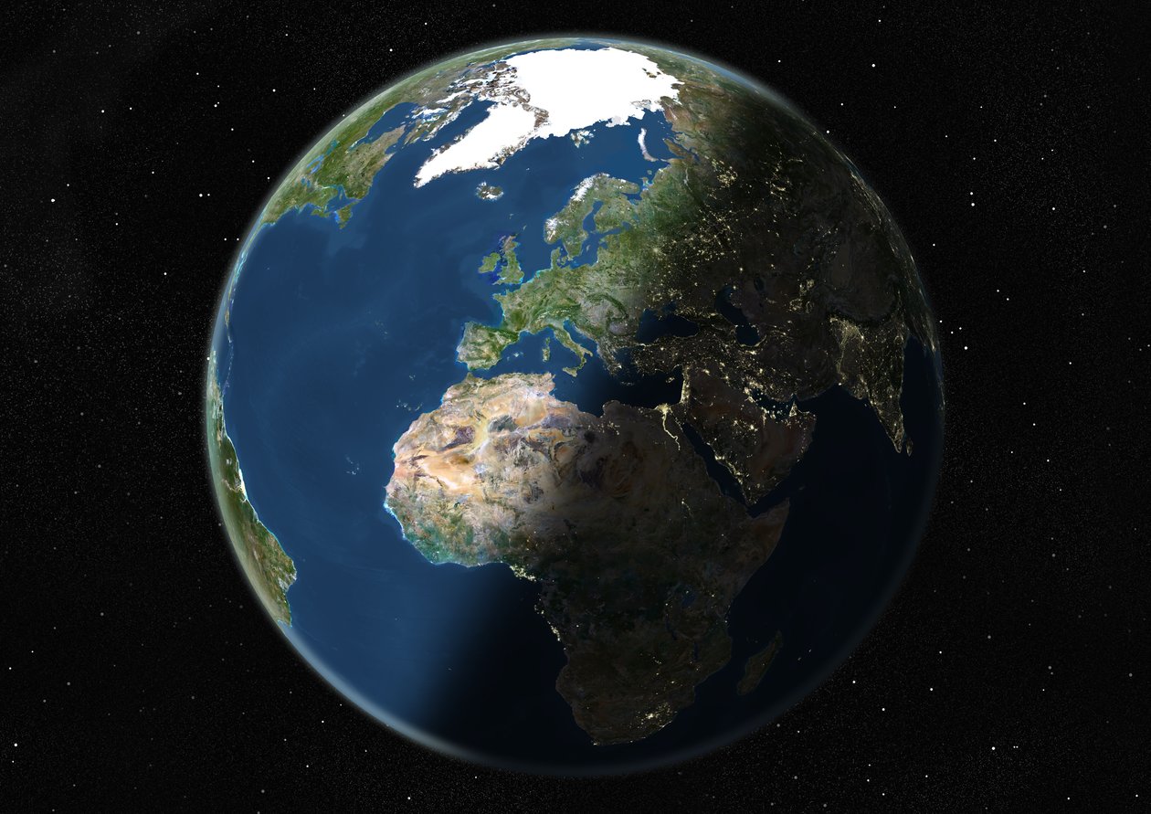 Globus centreret om Europa og Afrika, ægte farvesatellitbillede af Unknown