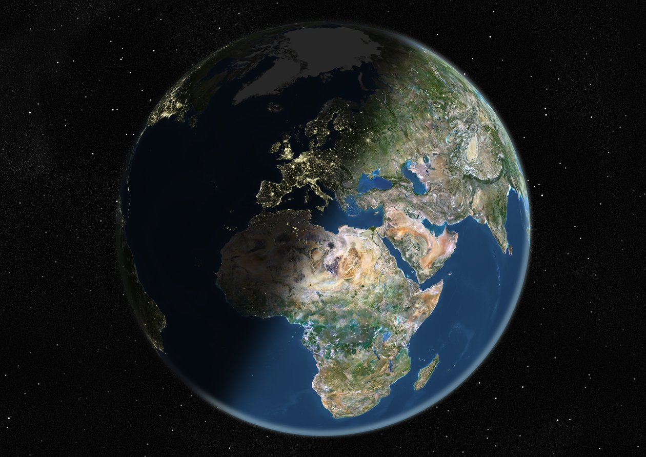 Globus centreret om Europa og Afrika, ægte farvesatellitbillede af Unknown
