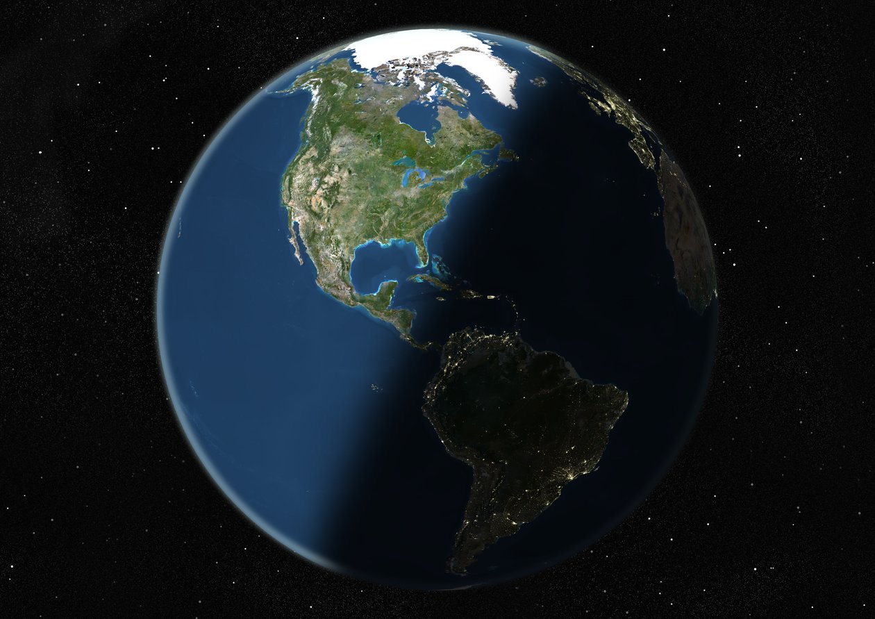 Globus centreret på Amerika, sandfarvet satellitbillede af Unknown