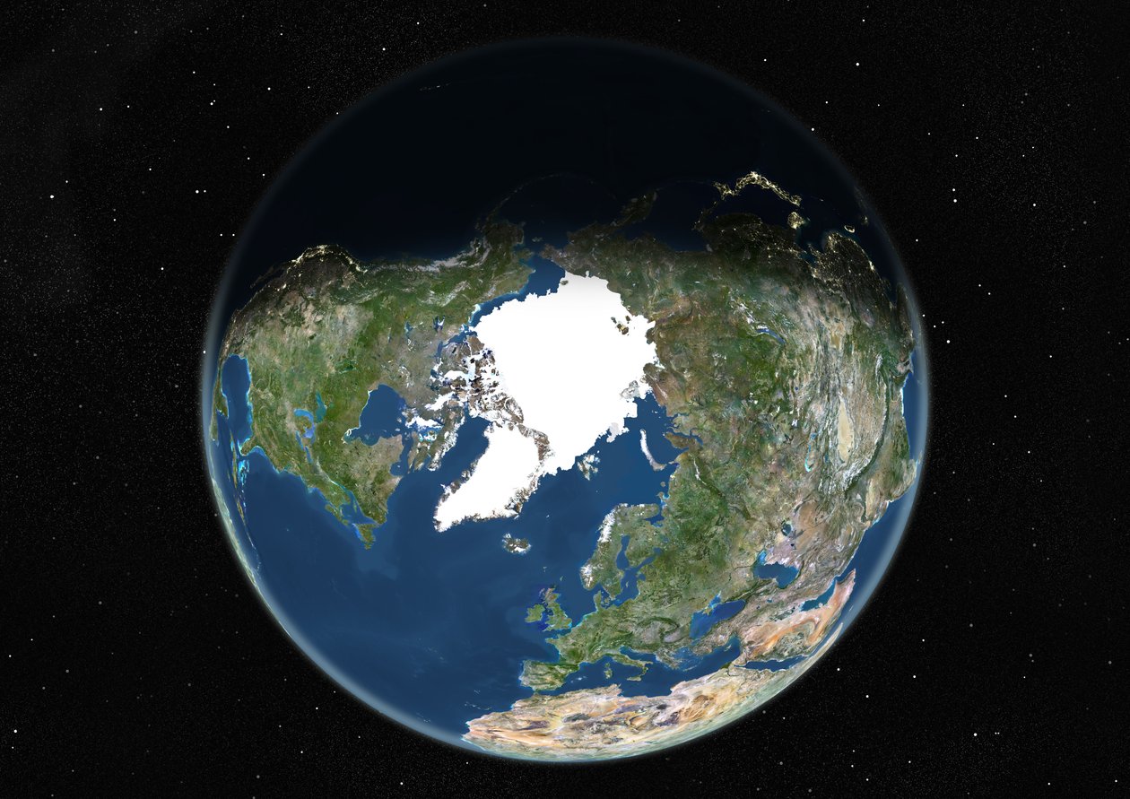Globus centreret på Nordpolen, ægte farvesatellitbillede af Unknown