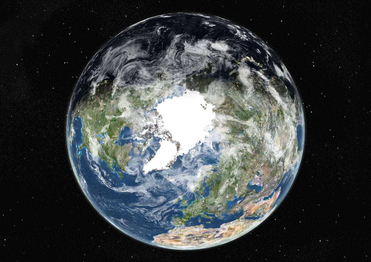 Globus centreret på Nordpolen, ægte farvesatellitbillede af Unknown