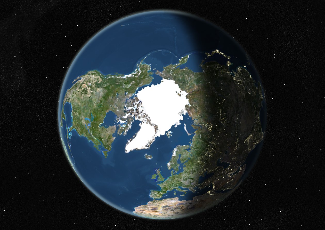 Globus centreret på Nordpolen, ægte farvesatellitbillede af Unknown
