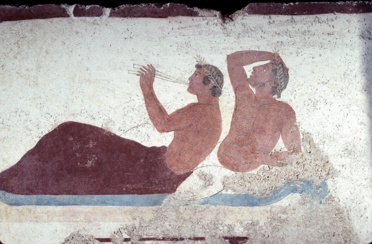 Græsk maleri fra dykkerens grav, Paestum, 480 f.Kr. Symposiumscene, Italien af Unknown