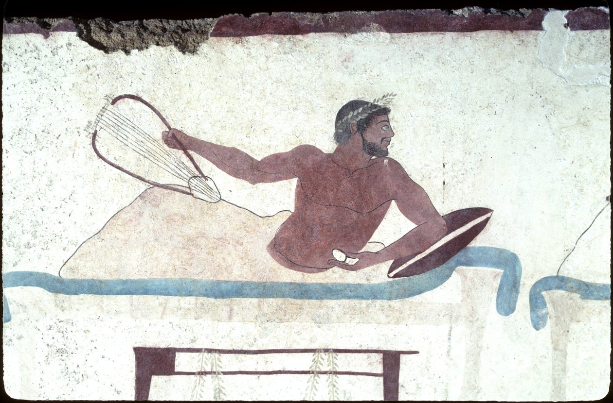Græsk maleri fra dykkerens grav, Paestum, 480 f.Kr. Symposiumscene, Italien af Unknown