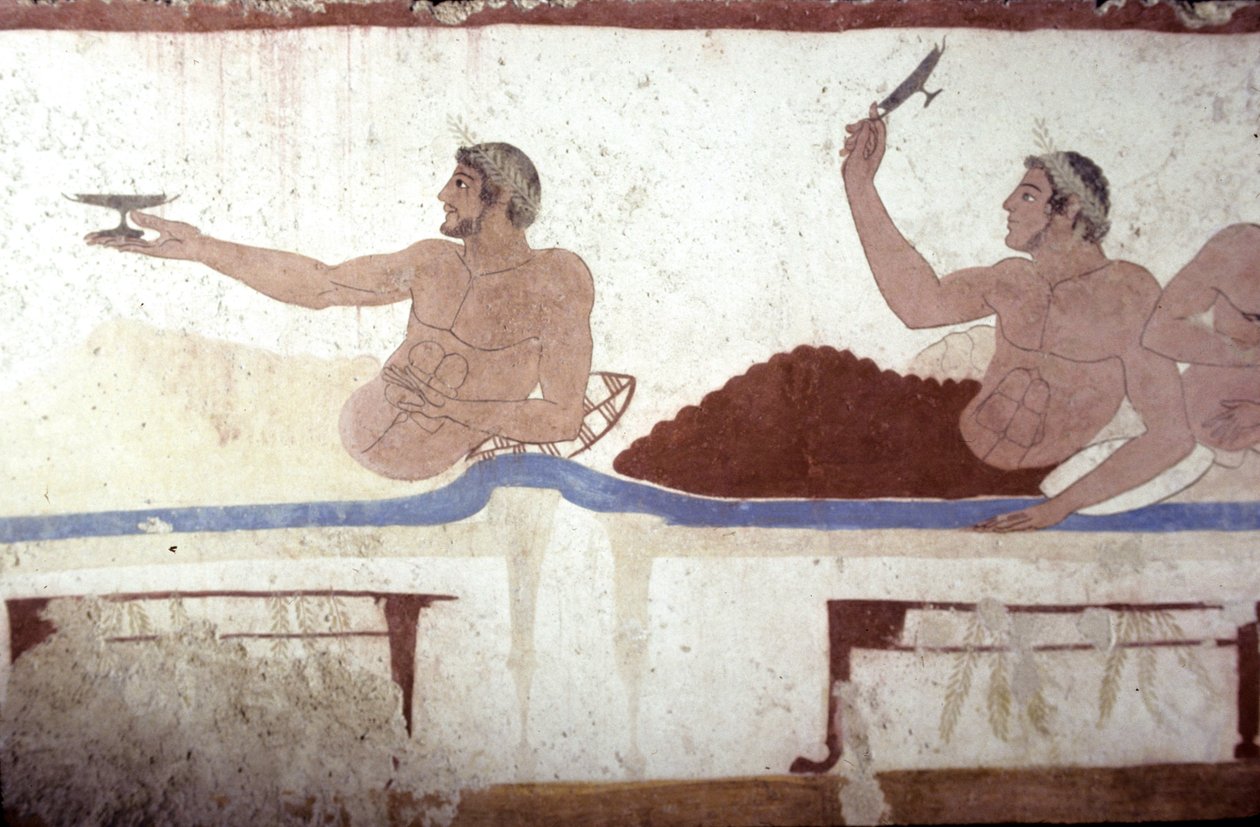 Græsk maleri fra dykkerens grav, Paestum, 480 f.Kr. Symposiumscene, Italien af Unknown