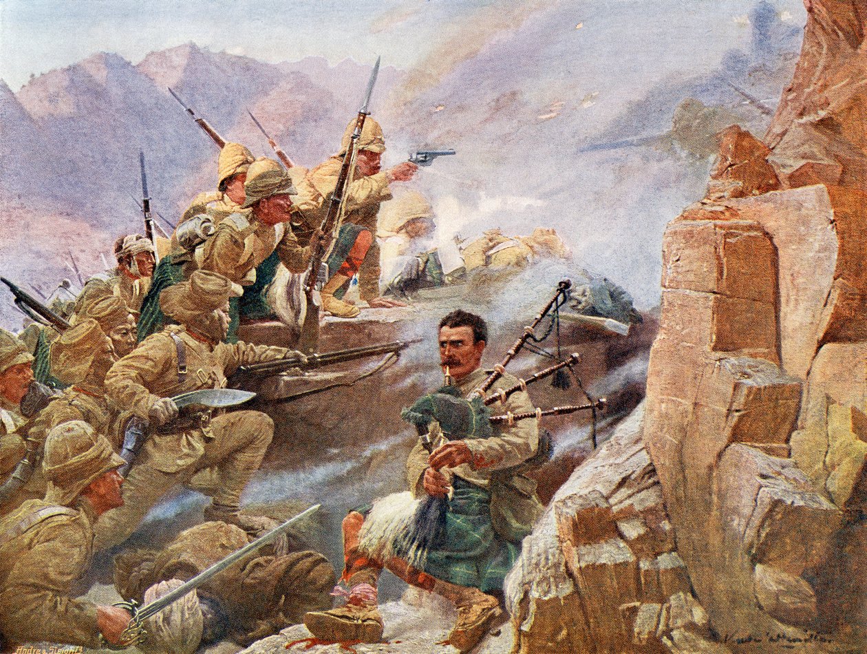 Gurkhaer bevæbnet med deres kukri eller khukuri, en nepalesisk kniv med et indadbuet blad, sammen med medlemmer af Gordon Highlanders, der stormede Dargai Heights i 1897 under The Tirah Campaign af Unknown
