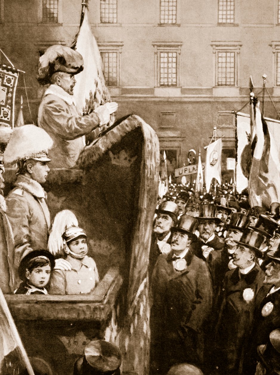 Kong Charles XV af Sverige taler til en folkemængde om øget bevæbning for at forsvare landet, 1866 af Unknown
