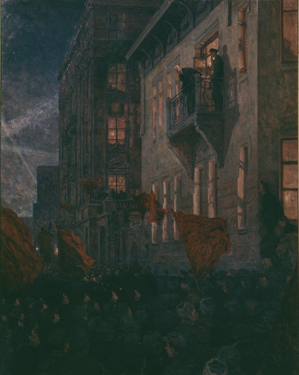Lenin taler fra balkonen på Kshesinskaya Palace eller V, jeg, Lenin træder ud på balkonen på Kshesinskaya Palace ved A, Moravov, Central Lenin Museum, Moskva. af Unknown