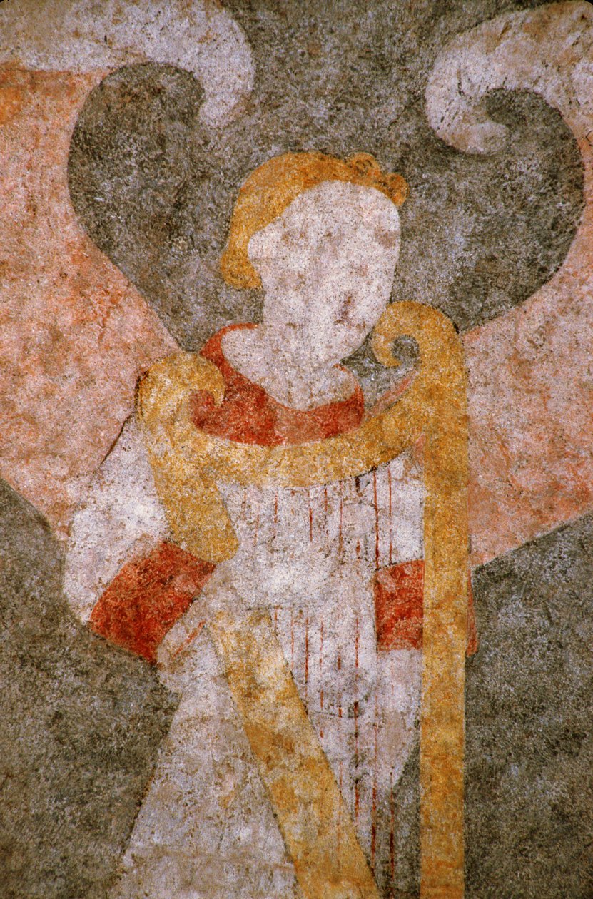 Loire Atlantique N* 081 - St-Sulpice des Landes - Kirke kendt som den "gamle landsby" - vægmaleri fra det 15. århundrede - Hvælvingens engel spiller "rebekken"" (viol) af Unknown