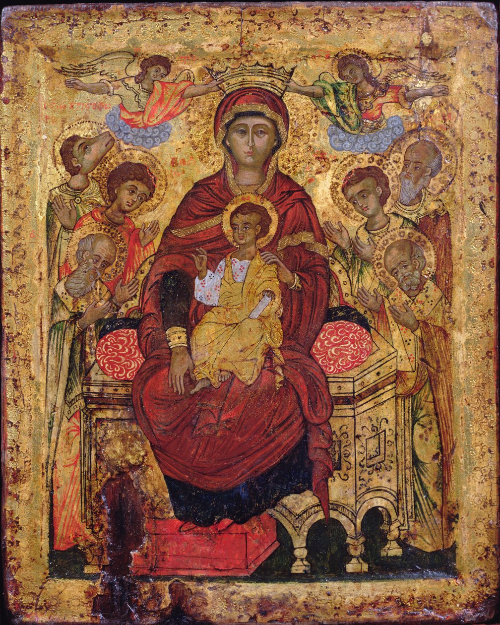 Madonna og barn tronet med hellige, græske ø-ikon, tidligt 1700-tal (tempera på panel) af Unknown