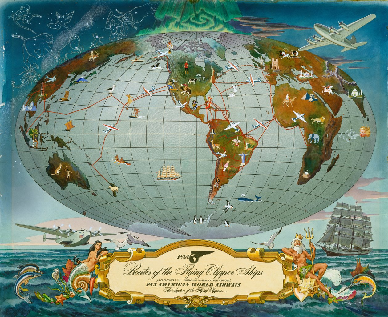 Manuskriptkort over verden - Pan American World Airways, ca. 1942 af Unknown