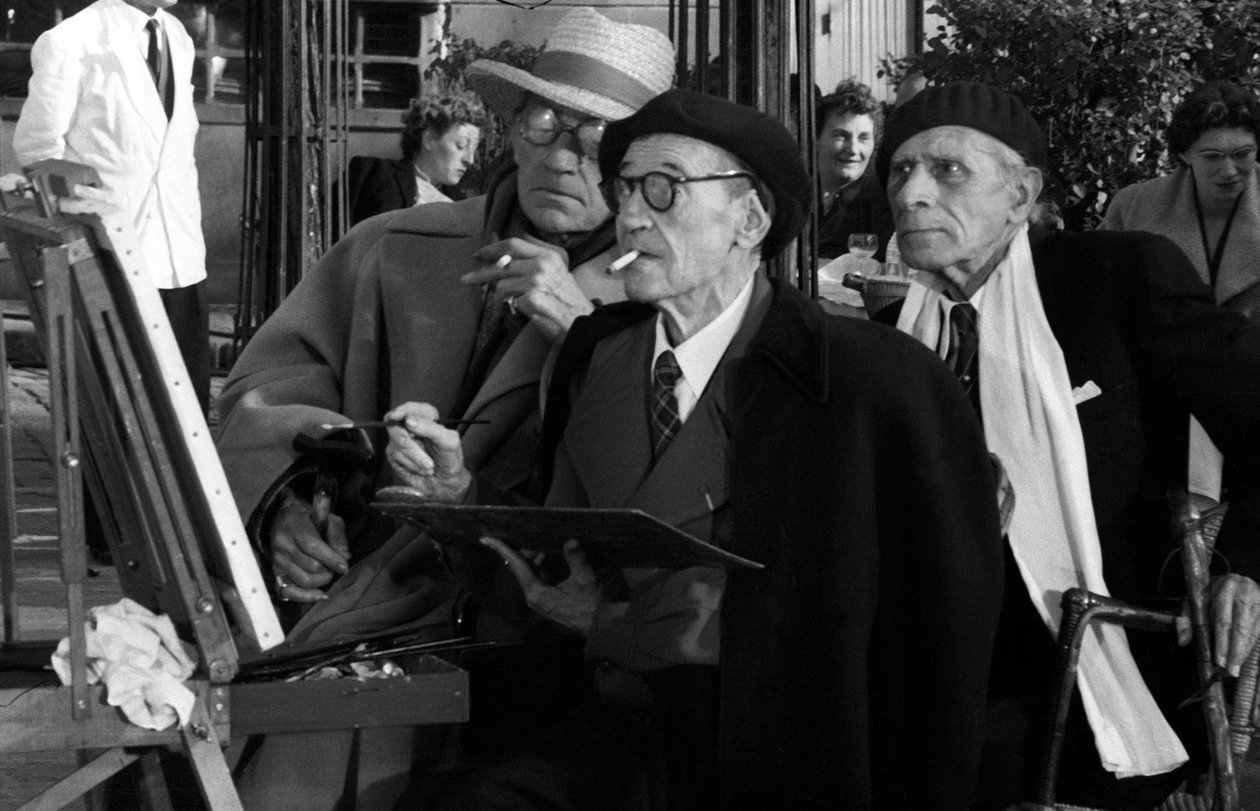 Maurice Utrillo (1883-1955) Maleri i Montmartre i Paris, Tertre Square, nær Sacre Coeur, 10. oktober 1955 med Sacha Guitry og Paul Fort, da han malede et lærred til film, hvis Paris blev fortalt til dig af Unknown