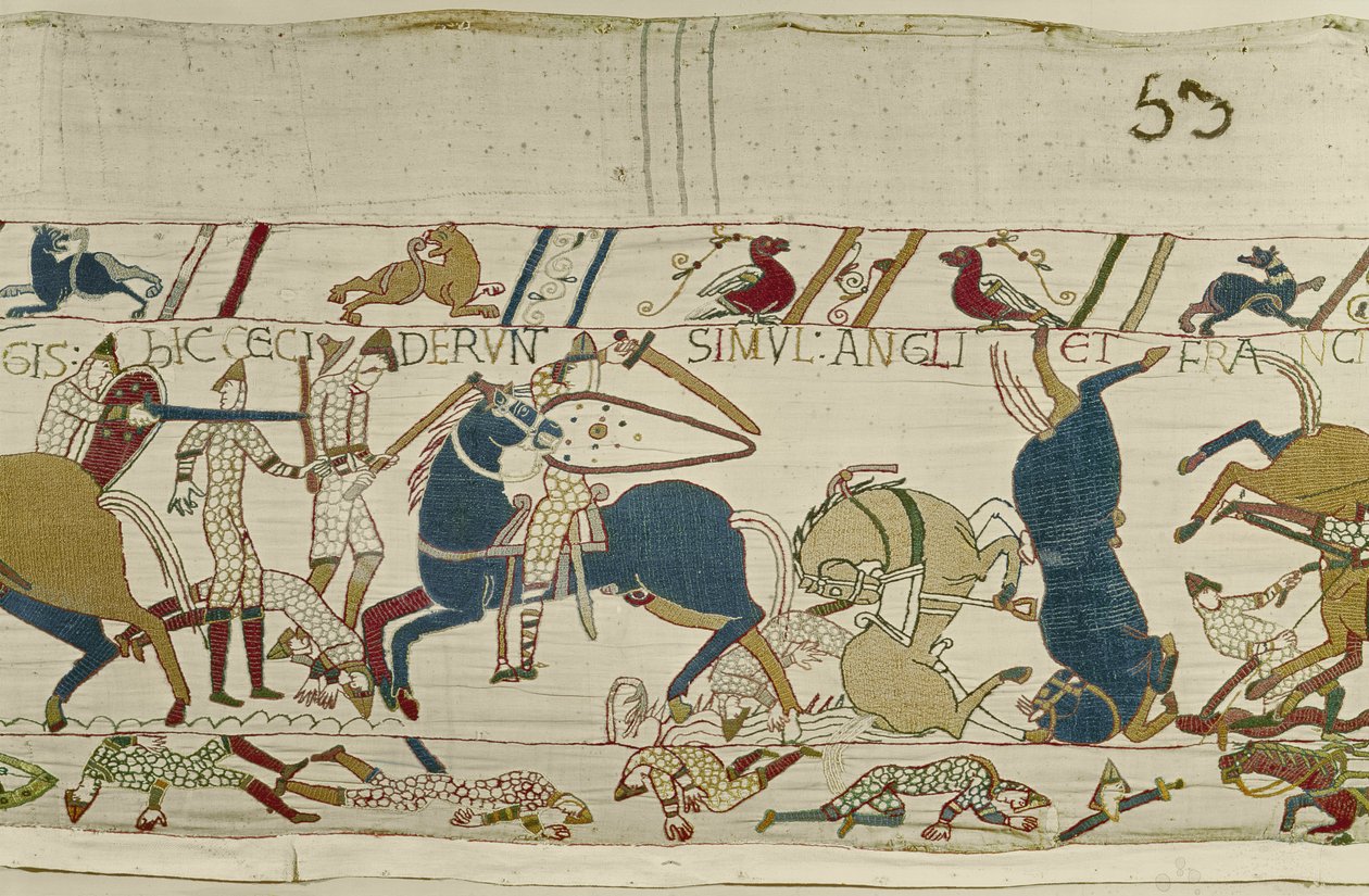Normannerne og engelske Fall Side by Side i Battle, Bayeux Tapestry (uldbroderi på hør) af Unknown
