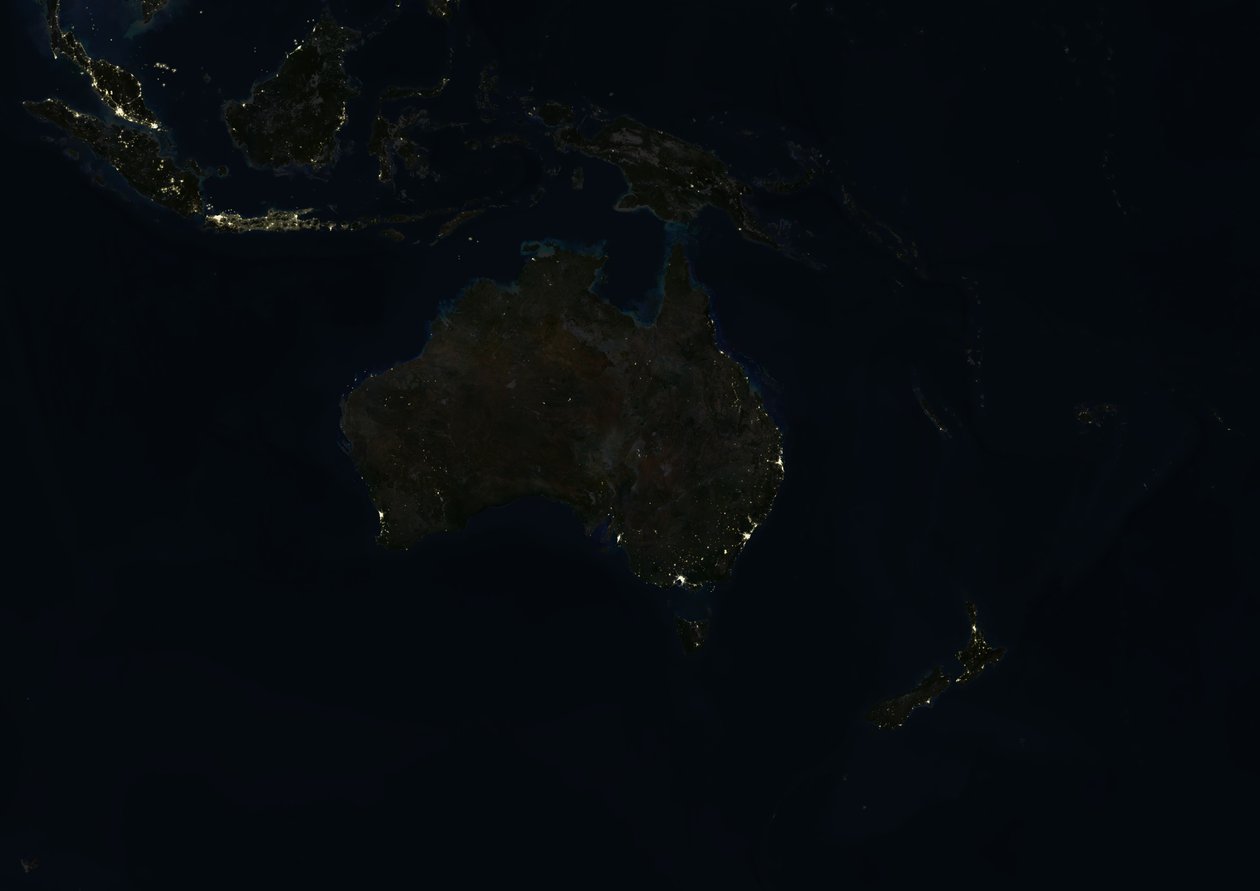 Oceanien om natten, ægte farvesatellitbillede af Unknown