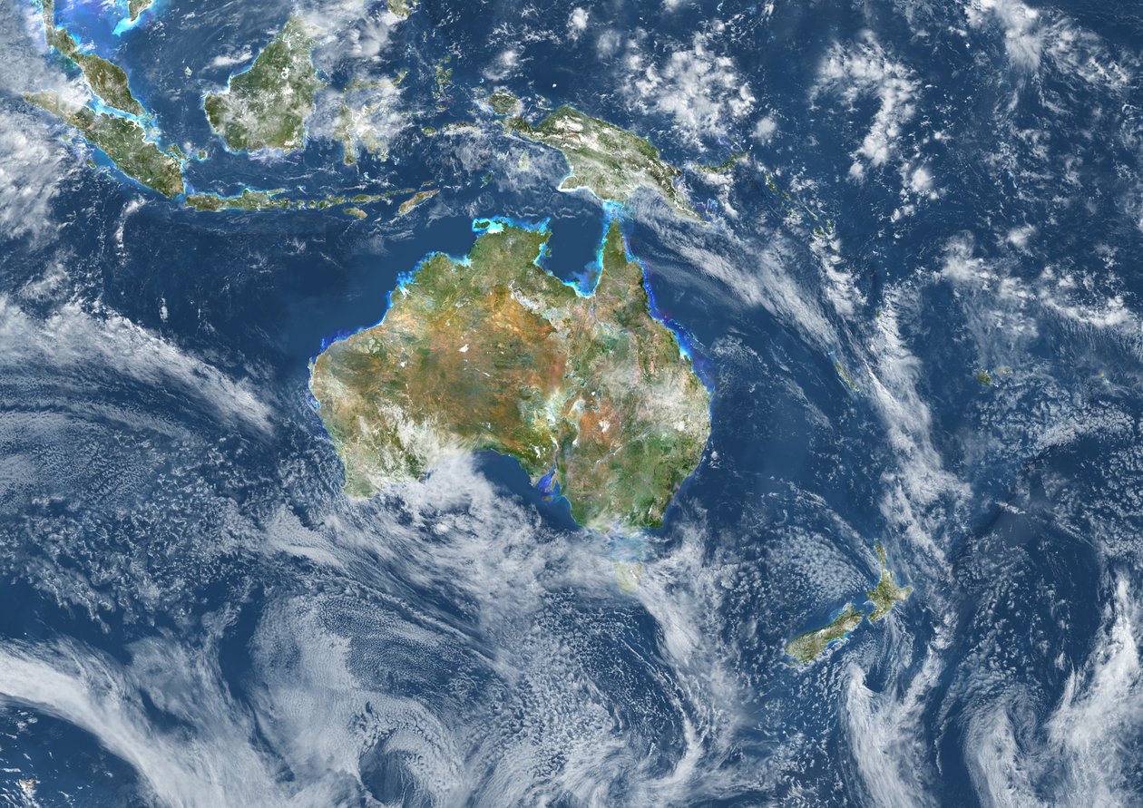 Oceanien med skydækning, ægte farvesatellitbillede af Unknown