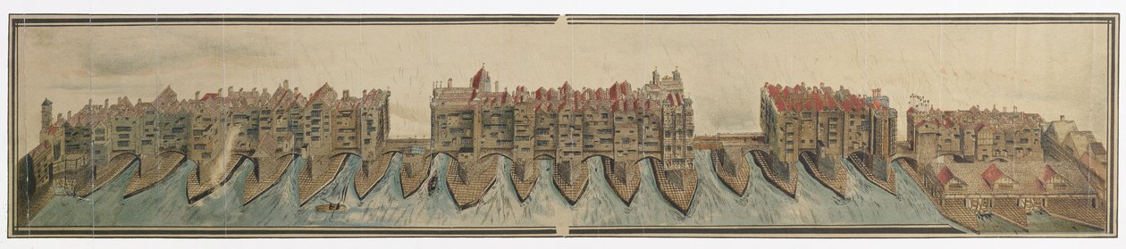 Old London Bridge i ca. 1600, kopieret af W. Griggs i 1881 fra en tegning i Pepys samling, i Magdalene College, Cambridge af Unknown