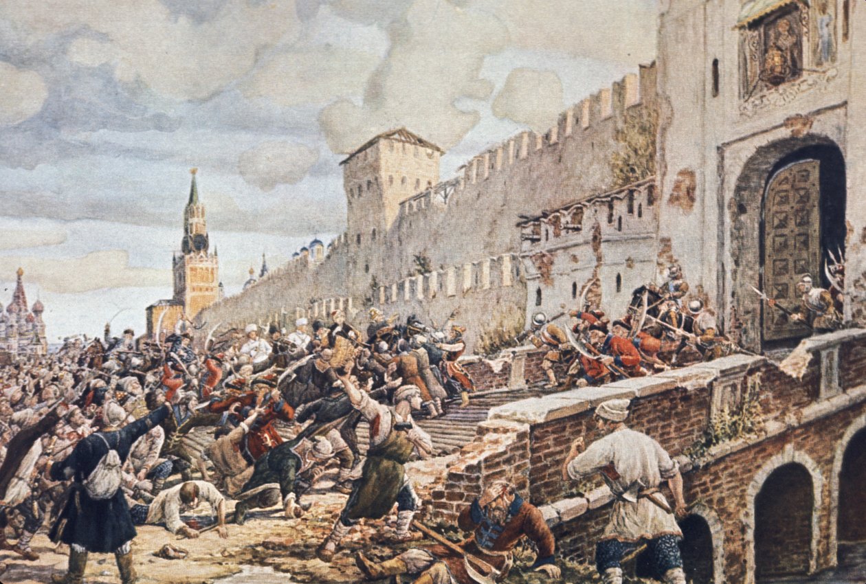 Bondearbejderoprøret i Moskva, 1648, oprøret var imod korrupt beskatning (især salt), knaphed på mad og forringelse af valuta, som opustede forbrugsvarer. af Unknown