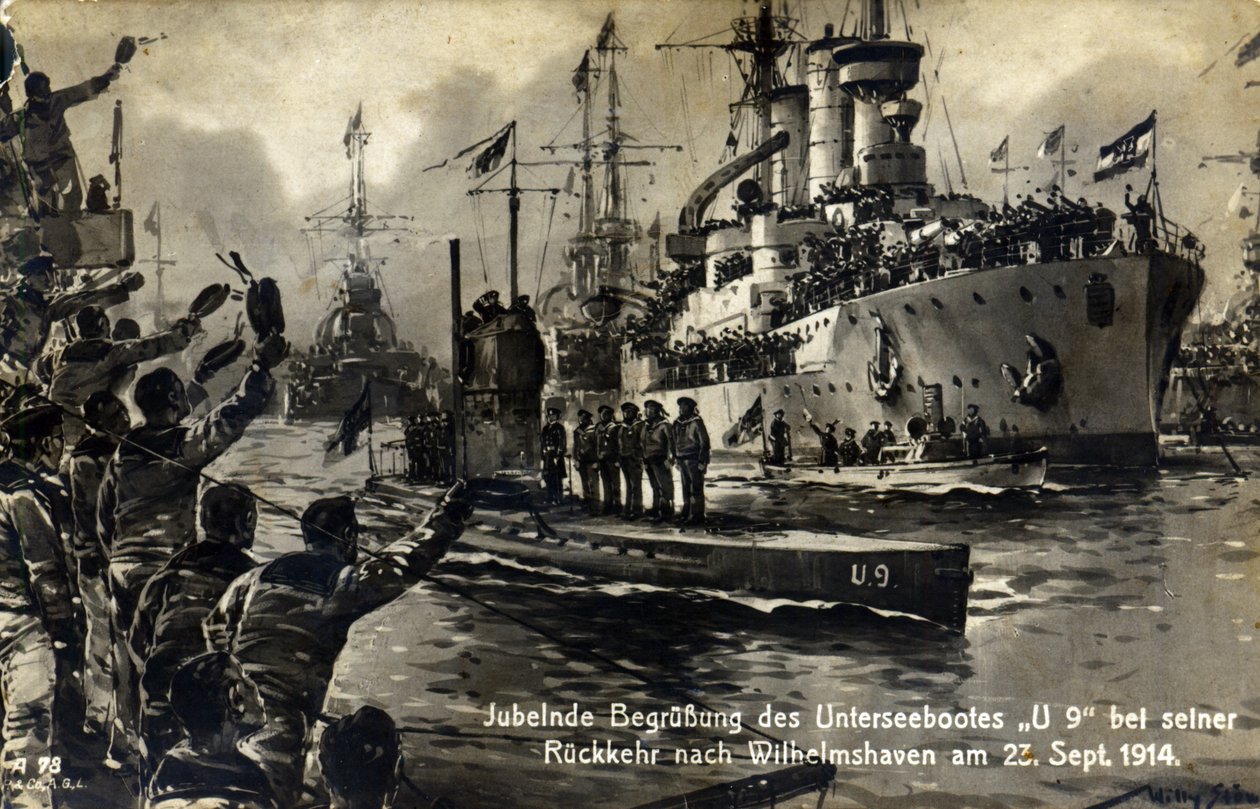 Postkort med sømænd, der byder U-båden U9 velkommen ved dens tilbagevenden til Wilhelmshaven, 23. september 1914 af Unknown