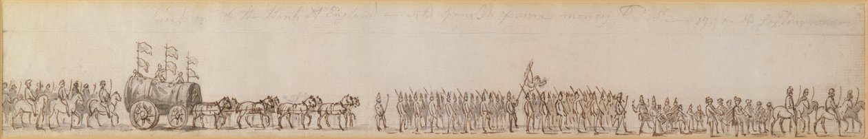 Procession, der tager spanske penge erobret af Royal Navy til Bank of England, 1799 (pen- og blæktegning) af Unknown