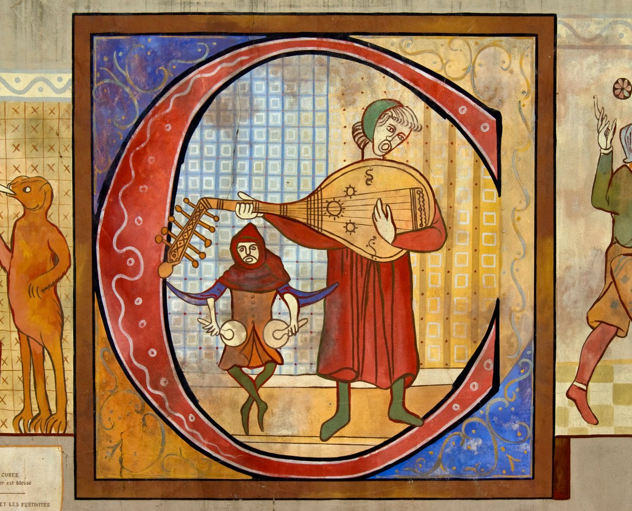 Gengivelse af en tegning, der viser en middelalderlig lutspiller og en trommeslager, der spiller nakers (eller nakirs). af Unknown
