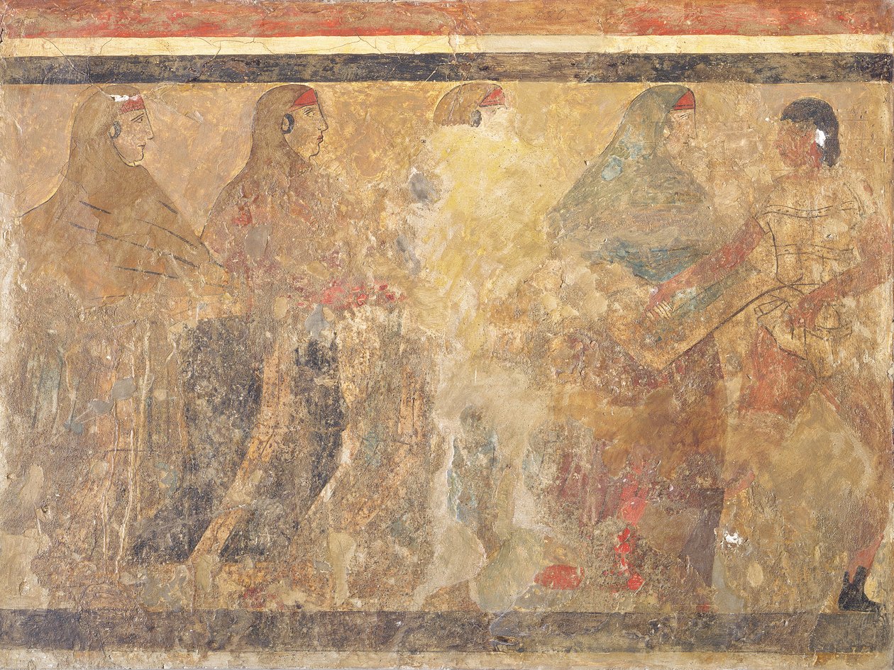 Rituel begravelsesdans, dekoration fra grav nr. 11 fra Via dei Cappuccini, Ruvo, 5. århundrede f.Kr af Unknown