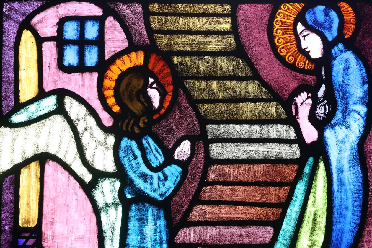 Saint Paul-kirken, Glasmaleri af A Poncet, Bebudelsen til den hellige jomfru Maria af englen Gabriel, Genève, Schweiz, af Unknown