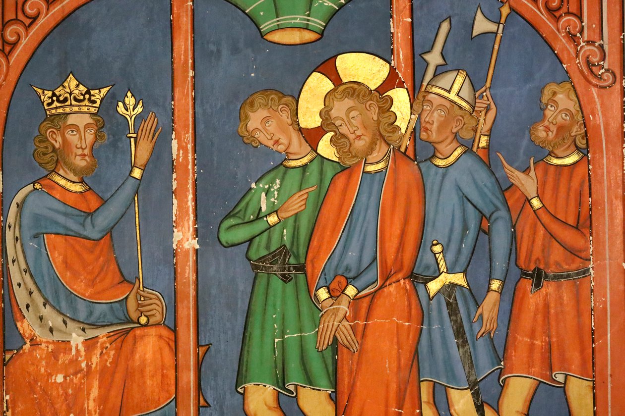 Saint-Pierre-le-Jeune protestantiske kirke, Passion of Christ, Jesus er fordømt af Sanhedrin, Fresco, Strasbourg, Frankrig. af Unknown