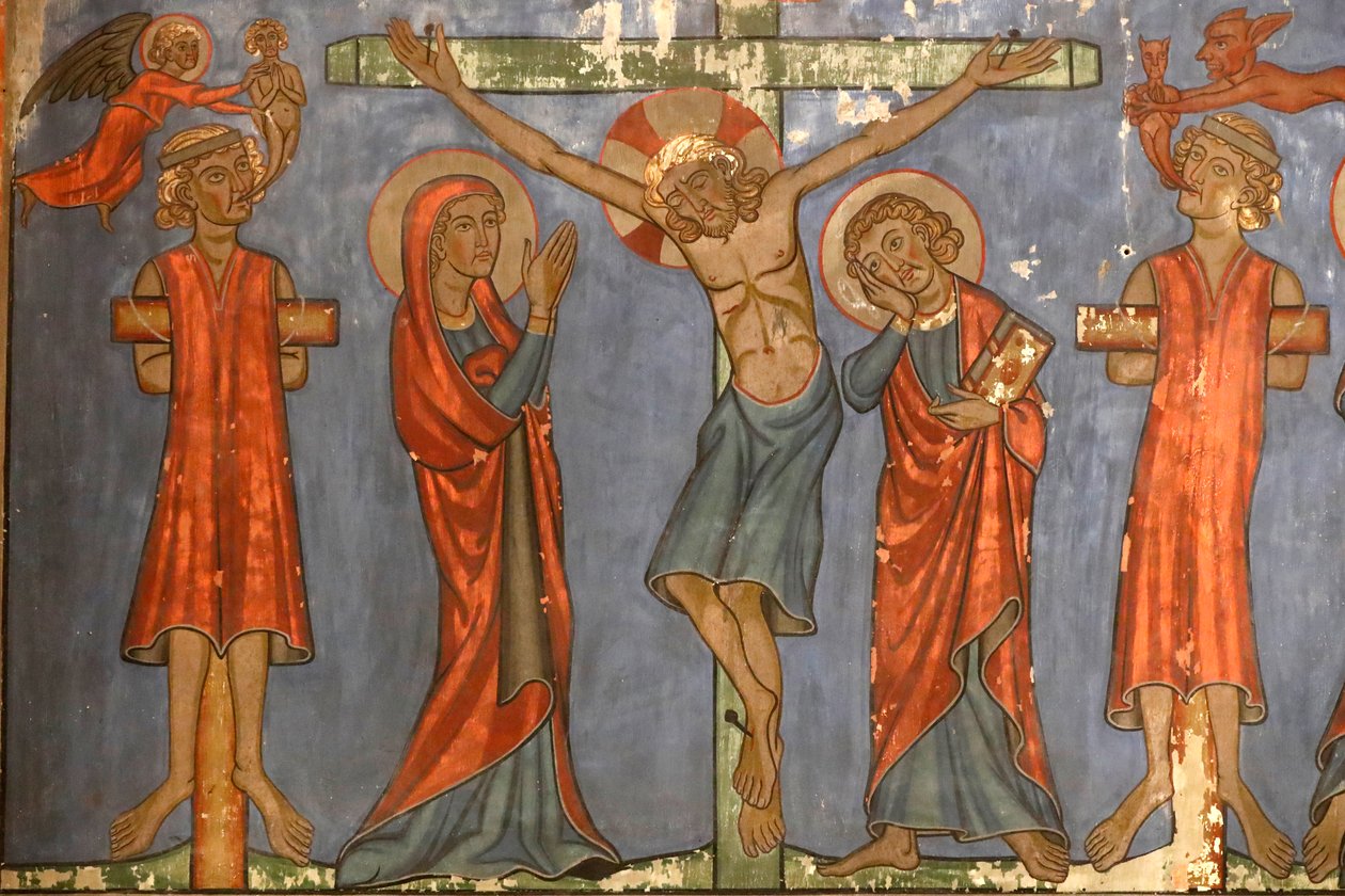 Saint-Pierre-le-Jeune protestantiske kirke, korsfæstelsen, Jesus på korset, Fresco, Strasbourg, Frankrig. af Unknown