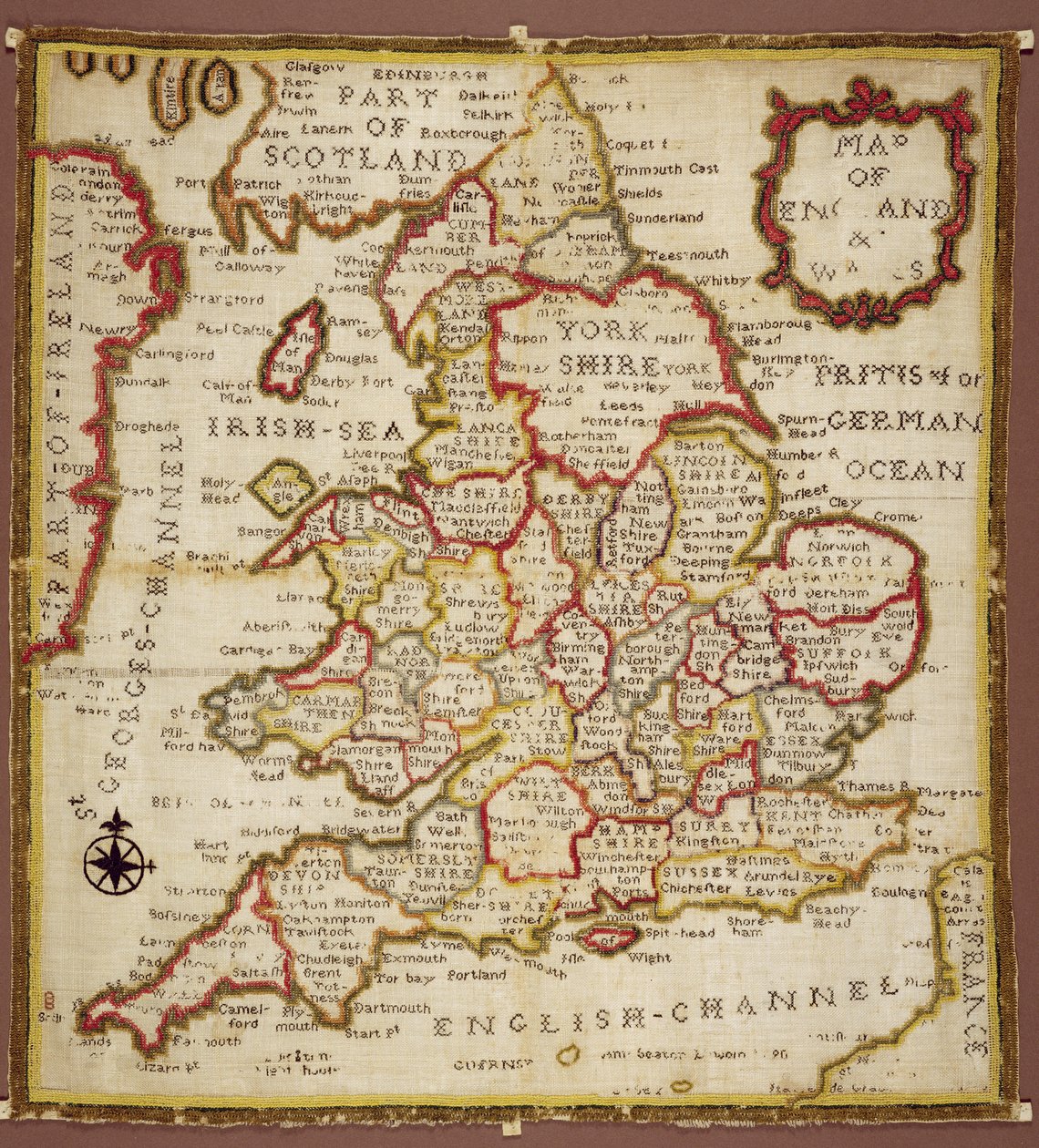 Sampler, der viser et kort over England og Wales, kæde, dobbelt ryg og satinsøm, af Ann Seaton fra Lincoln, 1798 af Unknown