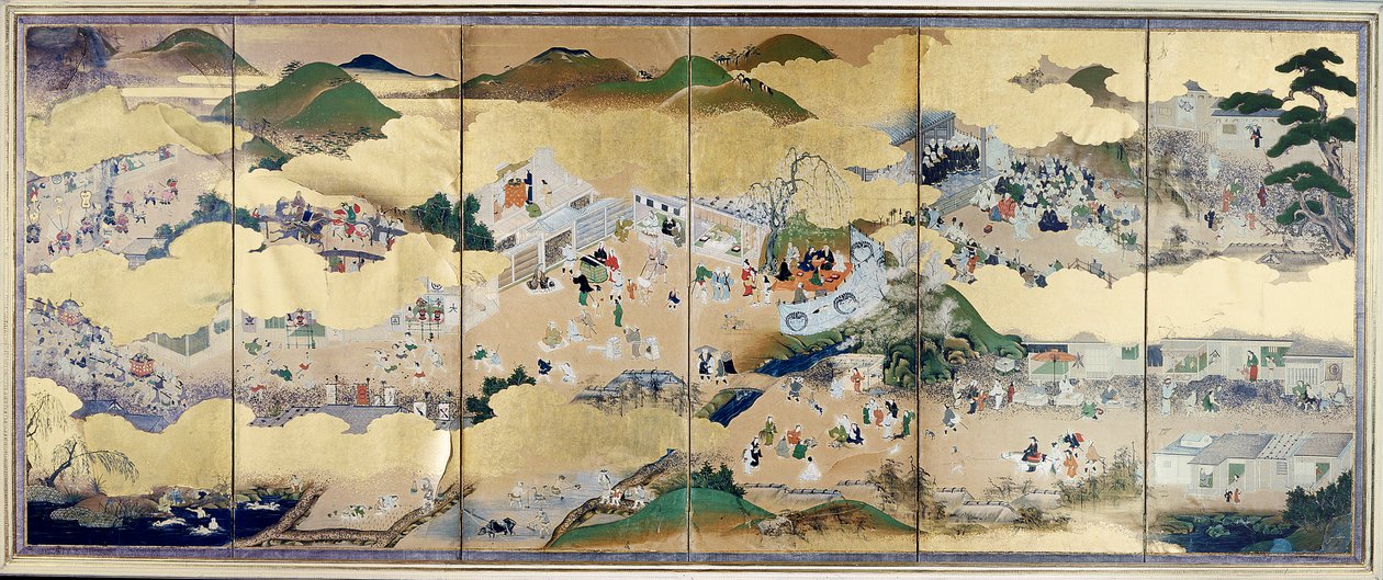 Scener af byliv under Bakufu, Tosa-skolen, 1800 (fra en seks-dobbelt skærm), (for detaljer se 67713), (træblok i farver) af Unknown