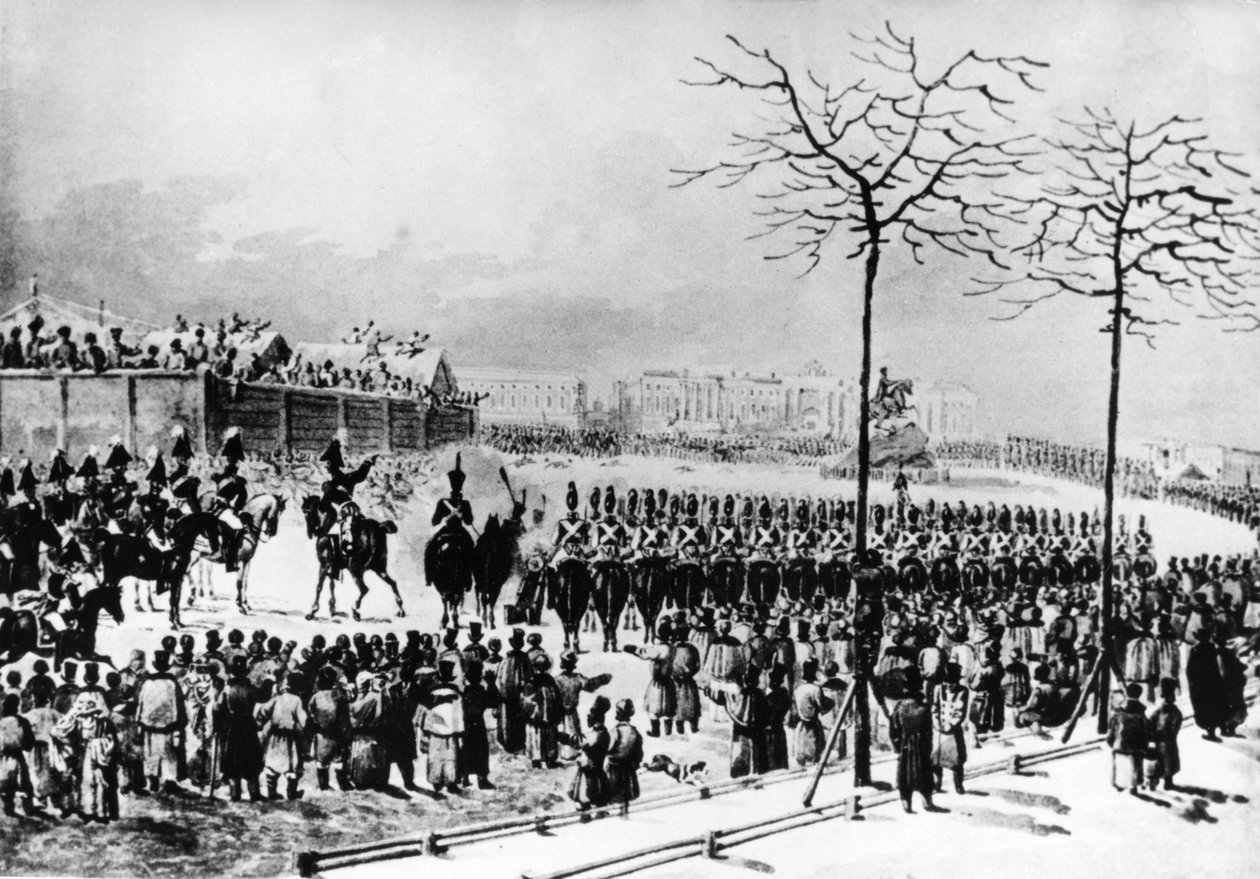 Decembrist-oprøret, 1825, Senatspladsen, Skt. Petersborg, Rusland, zar Nicholas I beordrer kanoner affyret mod oprørerne, 14. december 1825, fra en gammel akvarel af K, Kolman. af Unknown