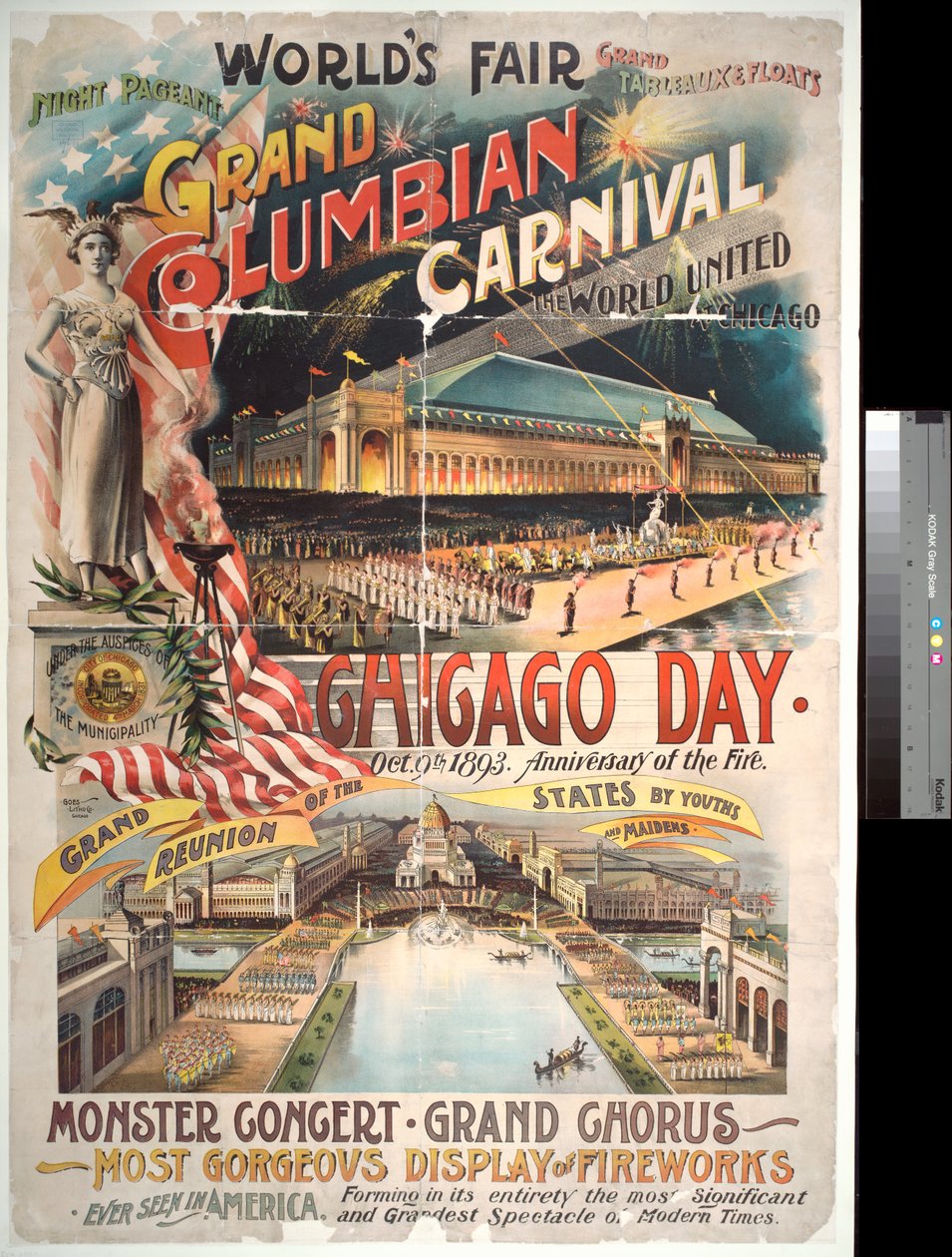 Broadside-reklamer Chicago Day på Worlds Columbian Exposition til minde om Chicago-branden i 1871, 1893 af American Photographer