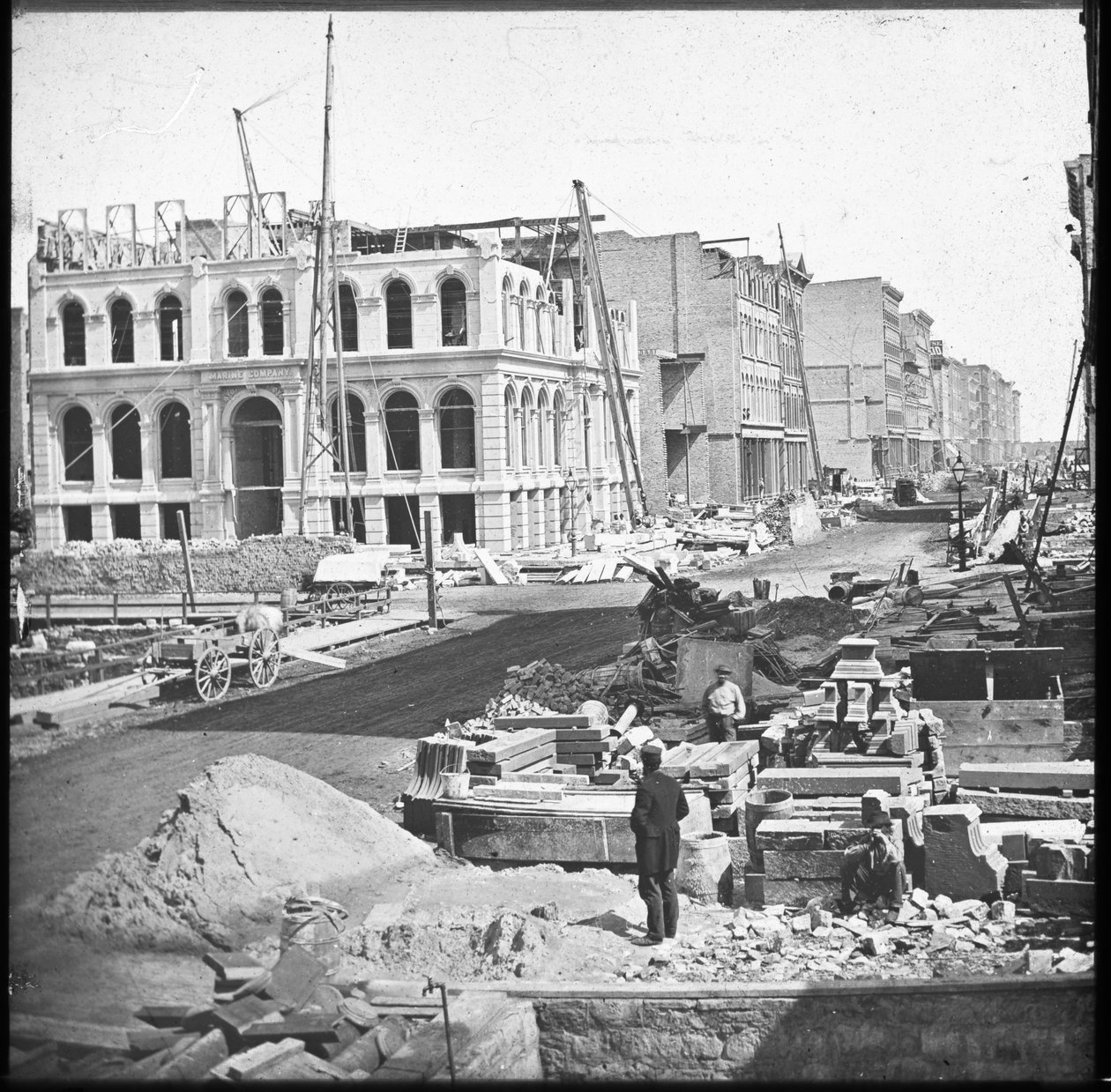 Genopbygning af Marine Bank-bygningen efter den store brand i Chicago, ca. 1873 af American Photographer