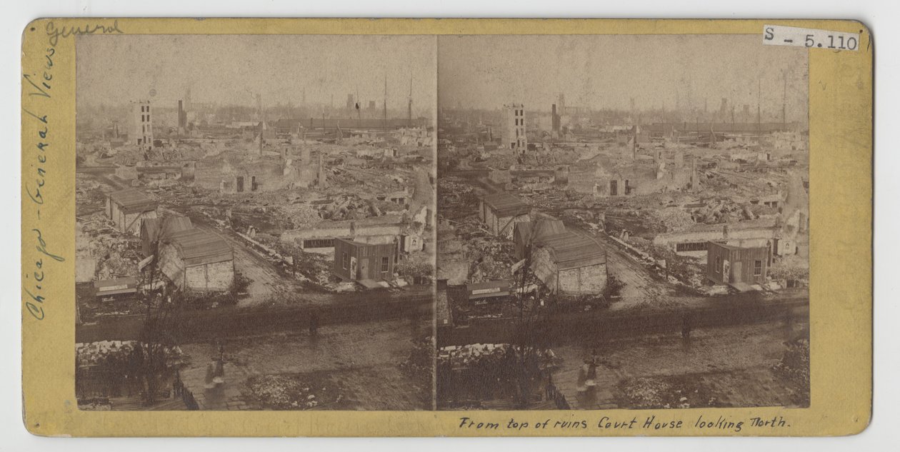 Stereograf af udsigten fra toppen af retsbygningsruinerne, set mod nord, efter Chicago-branden i 1871 af American Photographer