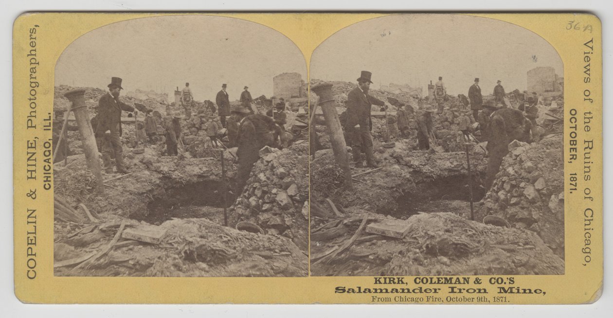 Stereograf af synet af Kirk, Coleman & Companys Salamander Iron Mine efter Chicago-branden i 1871 af American Photographer