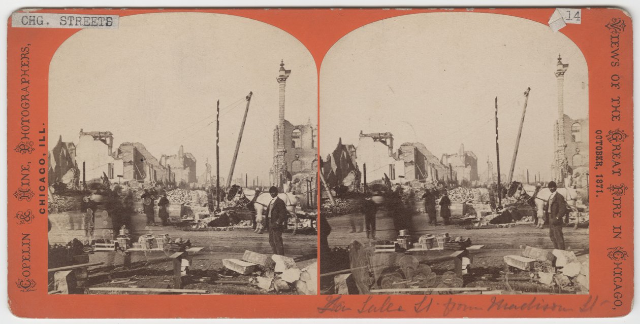 Stereograf af udsigten over Lake St. fra Madison St. efter Chicago-branden i 1871 af American Photographer