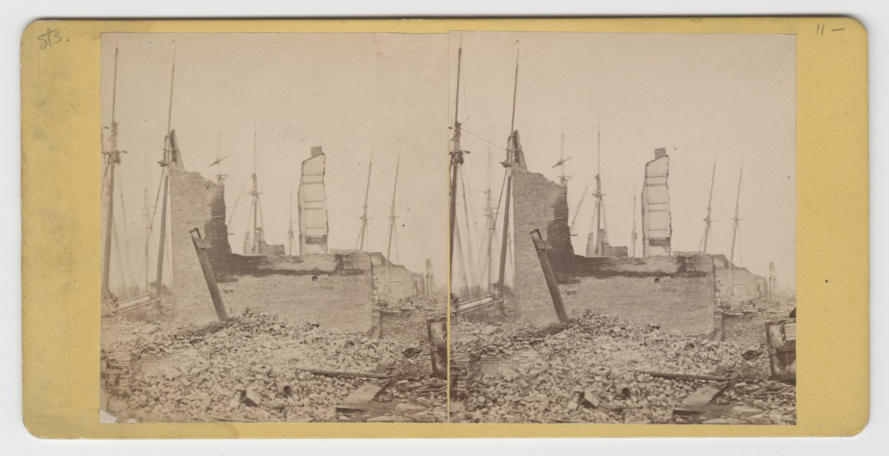 Stereograf af udsigten over South Water St., mellem Clark og Wells, efter Chicago-branden i 1871 af American Photographer