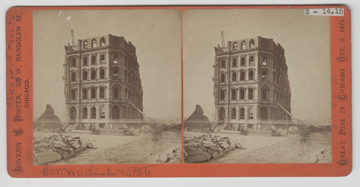 Stereograf af billedet af den første nationalbank efter Chicago-branden i 1871 af American Photographer